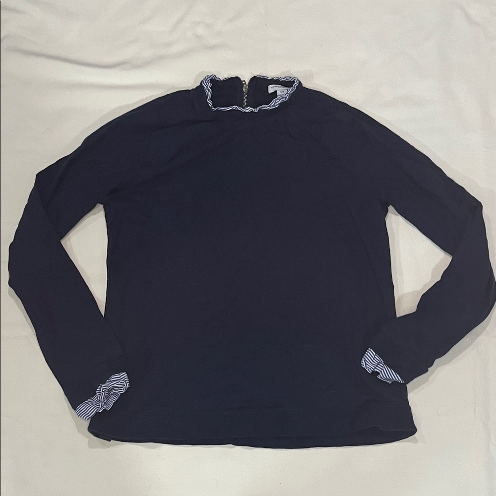 Carolina Belle Navy Top with Blue-and-White Ruffle Collar